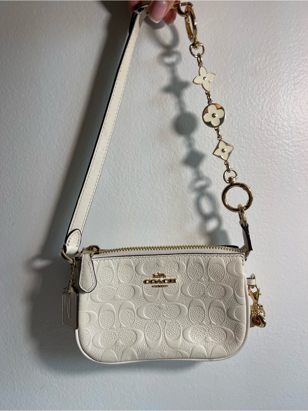 Coach Cream Signature Embossed Leather Mini Wristlet with Gold Accents